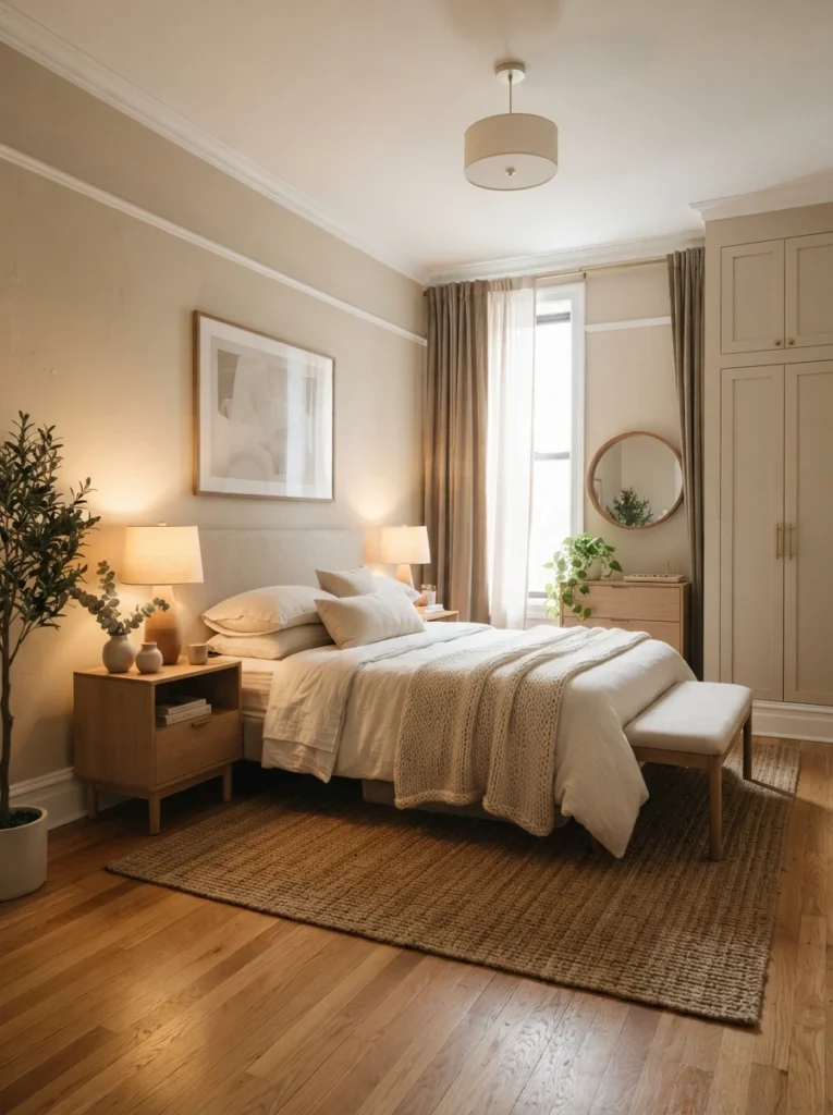 Balanced small bedroom with cohesive furniture heights and warm neutral decor, realistic apartment proportions, calming elegant atmosphere