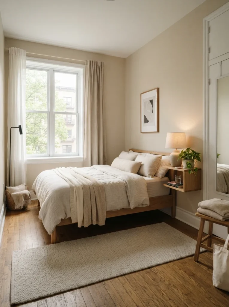 Ultra realistic small bedroom with clean minimally styled surfaces, warm neutral decor, soft natural lighting, calming uncluttered atmosphere, realistic apartment proportions, Pinterest-style interior photography
