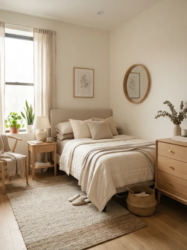 Cozy small bedroom with soft light-toned furniture and warm neutral textures, realistic apartment proportions, calming uncluttered atmosphere