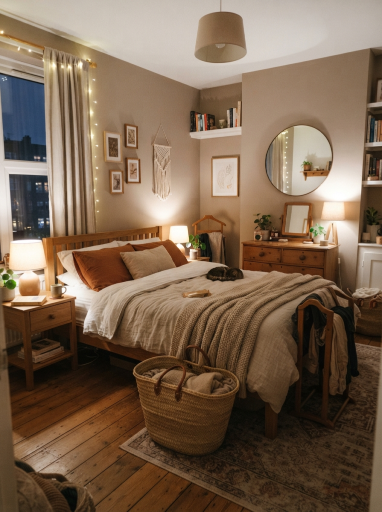 Small warm bedroom with oak furniture, woven baskets, linen bedding, soft layered lighting, realistic cozy apartment atmosphere
