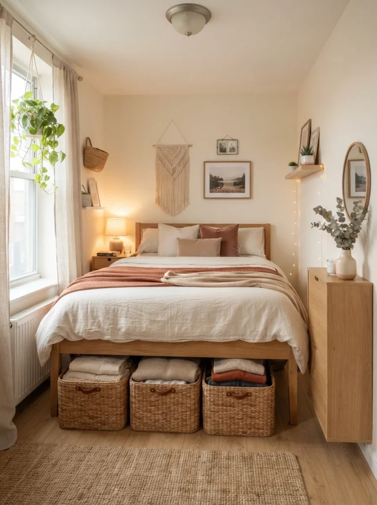 Small bedroom with practical under-bed storage setup for medium-use items only, clutter-free surfaces, warm cozy decor, realistic apartment proportions, calming organized atmosphere, Pinterest-style photography