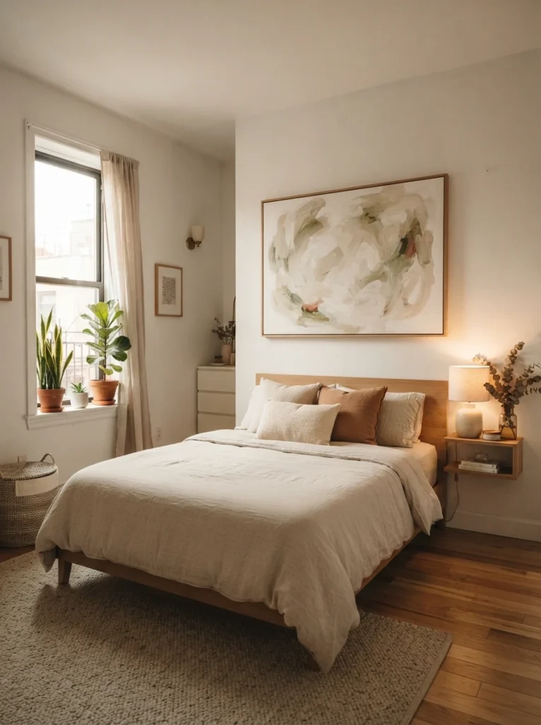 Minimalist small bedroom with one oversized wall art piece and simple decor styling, warm neutral palette, soft layered lighting, realistic compact apartment atmosphere, ultra realistic Pinterest interior photography