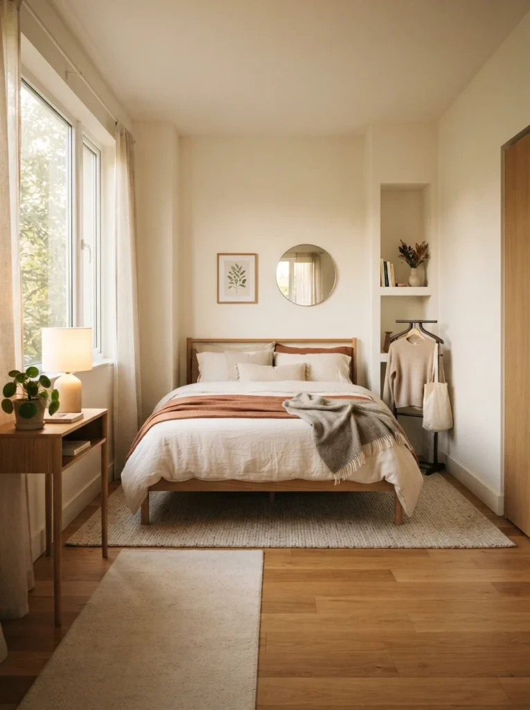 Awkward small bedroom with slightly angled accent chair near corner, warm soft lighting, realistic apartment architecture, cozy neutral decor, visually balanced compact layout, ultra realistic Pinterest photography