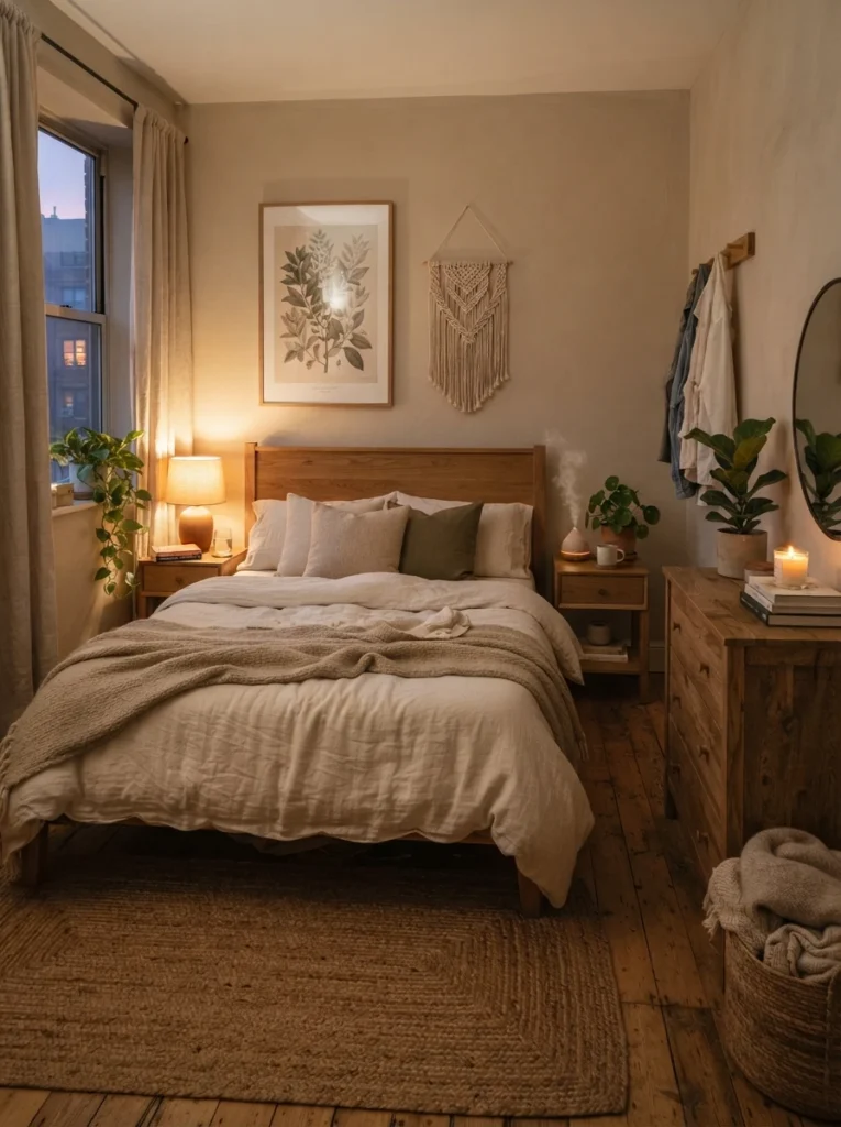 Small cozy bedroom with warm oak wood furniture, soft cream bedding, natural textures, warm evening light, realistic apartment atmosphere, calming earthy aesthetic, ultra realistic Pinterest interior photography