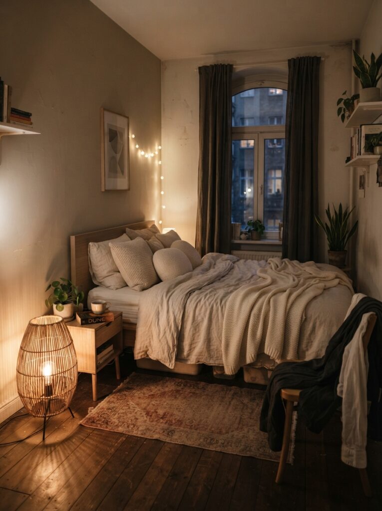 Tiny renter bedroom with organized under-bed storage drawers, soft layered bedding, warm oak flooring, realistic compact apartment proportions, calm clutter-free atmosphere, ultra realistic Pinterest bedroom photography