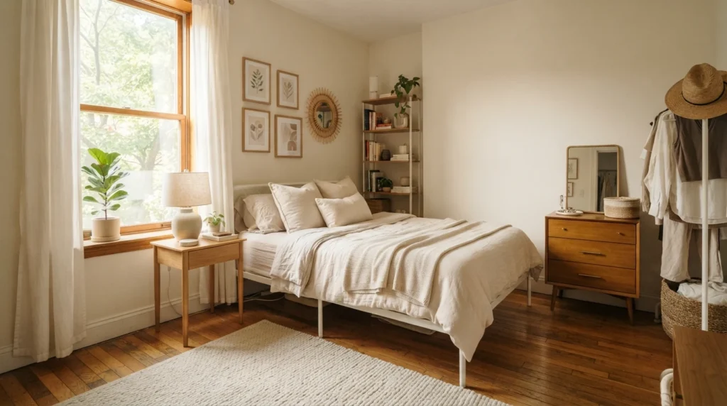 Small renter-friendly bedroom with slim-legged furniture and visible oak flooring, airy compact layout, warm natural light, cozy neutral decor, visually open atmosphere, Pinterest-style ultra realistic photography