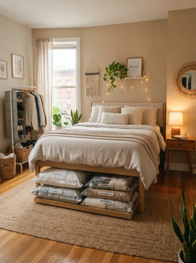 Tiny apartment bedroom with vacuum-sealed seasonal bedding stored neatly under bed, soft neutral decor, warm natural light, realistic renter-friendly organization setup, Pinterest-style ultra realistic photography