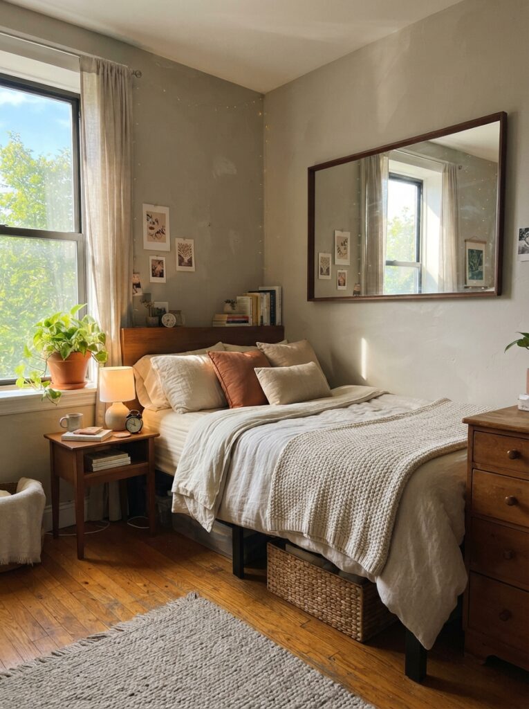 Tiny rental bedroom with large mirror reflecting natural sunlight, warm cozy decor, realistic apartment proportions, airy calming atmosphere, soft textures, ultra realistic Pinterest home photography