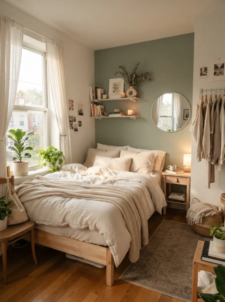Tiny rental bedroom with organized open closet and matching wooden hangers, warm neutral clothing palette, cozy apartment atmosphere, soft daylight, visually calm organization setup, ultra realistic Pinterest photography