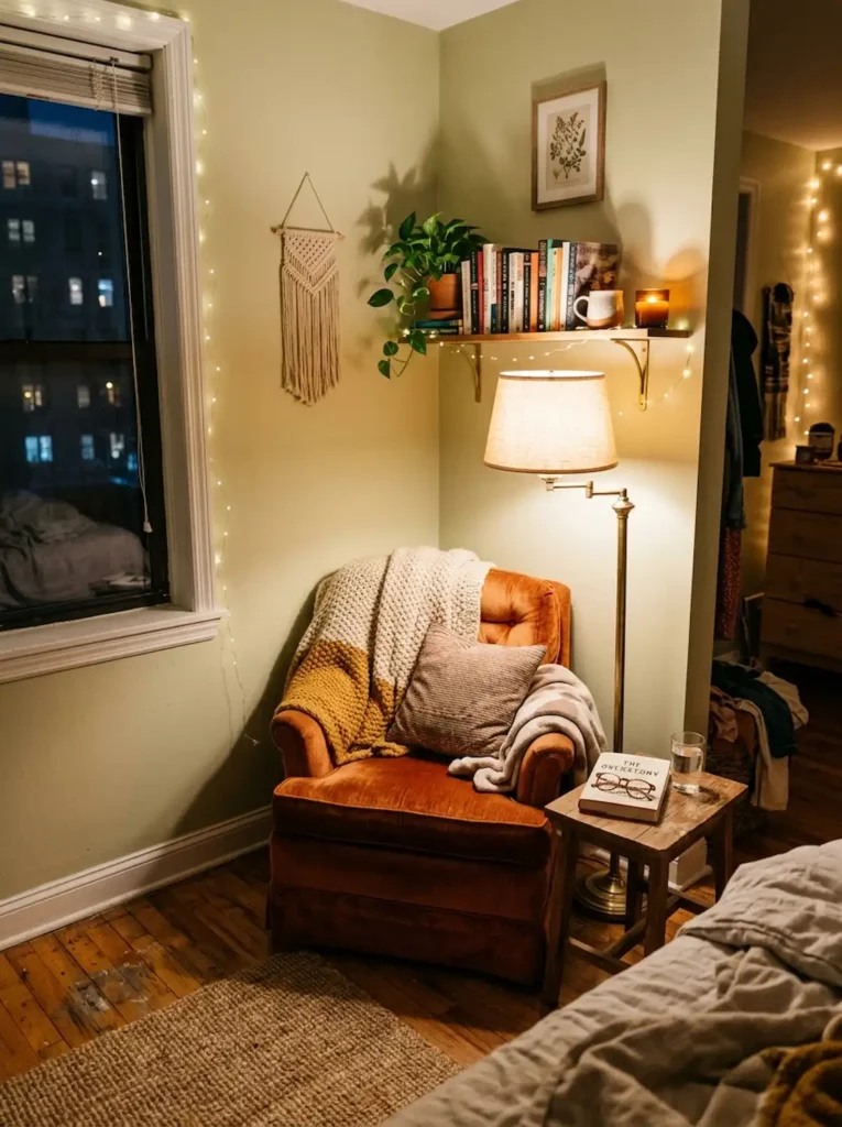 Tiny awkward bedroom corner turned into cozy reading nook with warm lighting, realistic apartment atmosphere, Pinterest-style photography