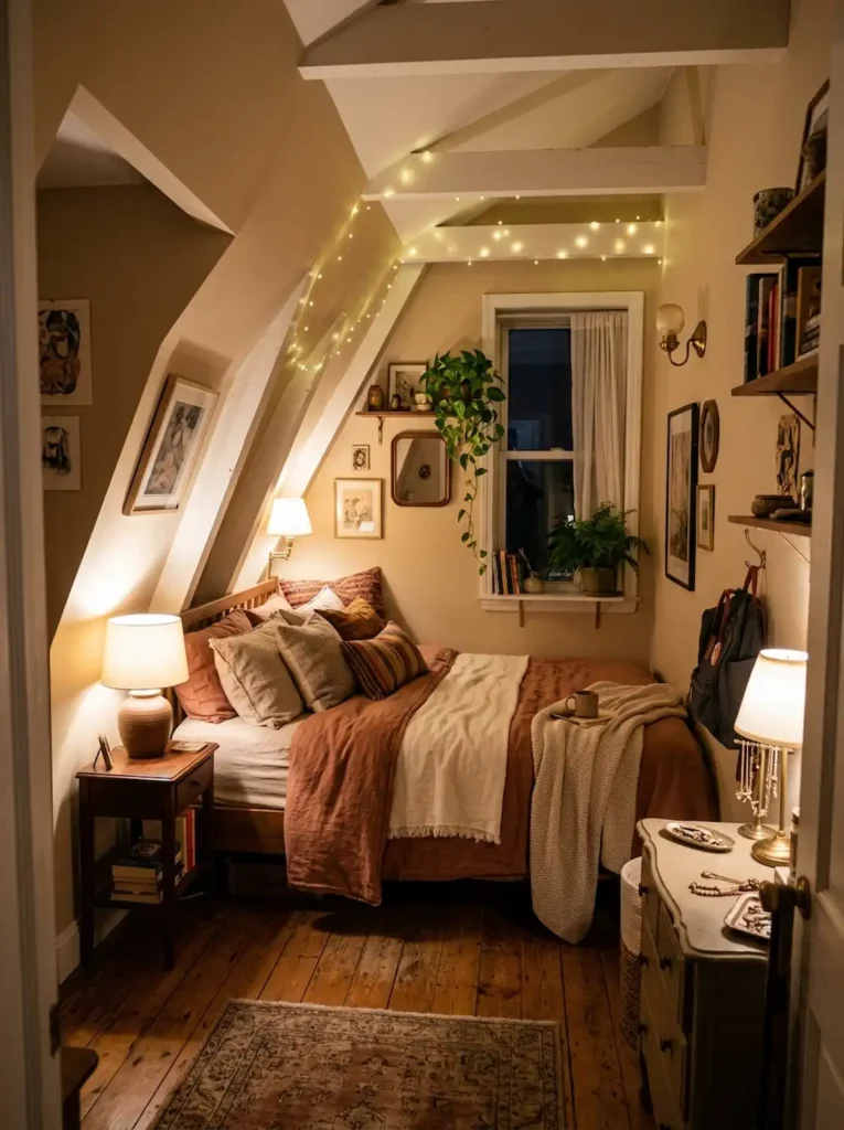 Tiny awkward-shaped bedroom with asymmetrical but balanced bed placement, warm layered lighting, realistic apartment atmosphere