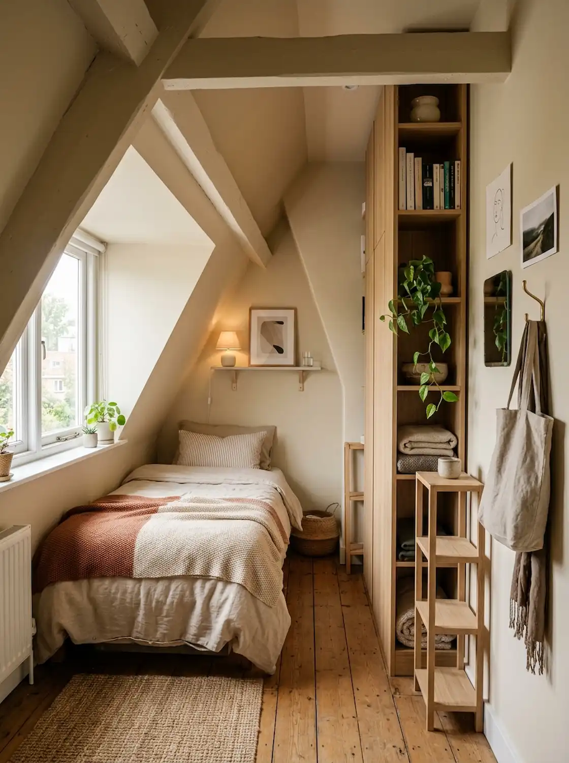 Small awkward-shaped bedroom with slim vertical storage and warm neutral styling, realistic compact atmosphere