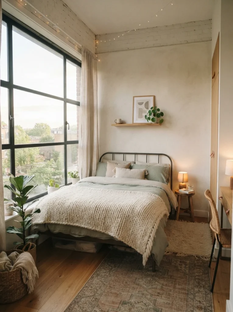 Tiny apartment bedroom with unobstructed windows and soft natural daylight, cozy warm textures, realistic airy atmosphere, Pinterest-style photography