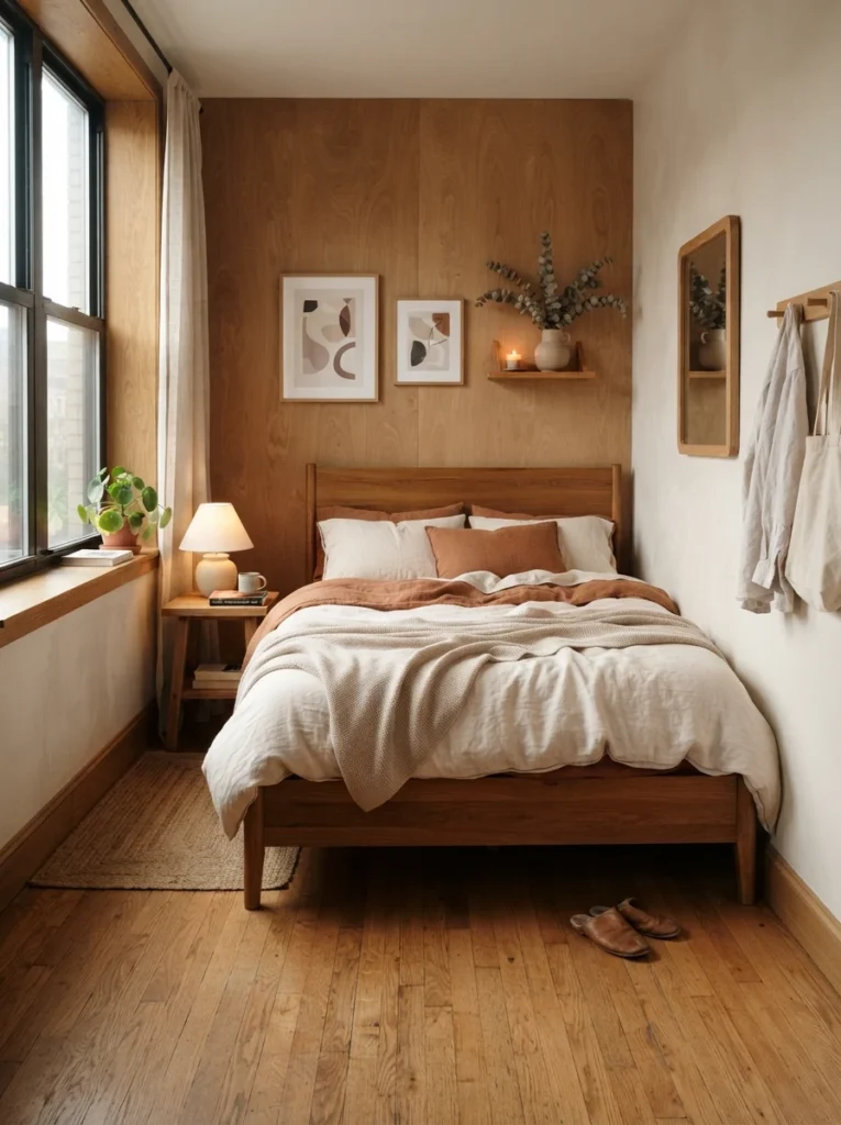 Tiny apartment bedroom with visible open flooring and minimal floor clutter, warm oak textures, cozy realistic atmosphere, Pinterest-worthy ultra realistic photography