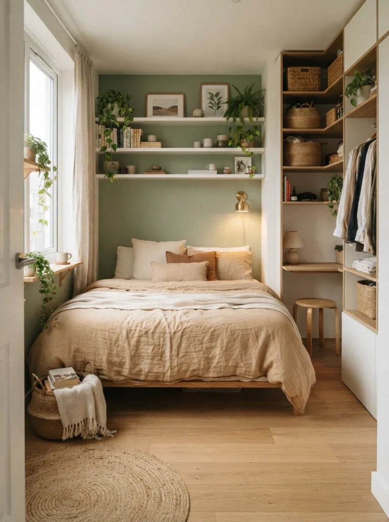 Tiny apartment bedroom with wall-mounted storage and open flooring, warm natural textures, cozy calming atmosphere, ultra realistic Pinterest photography