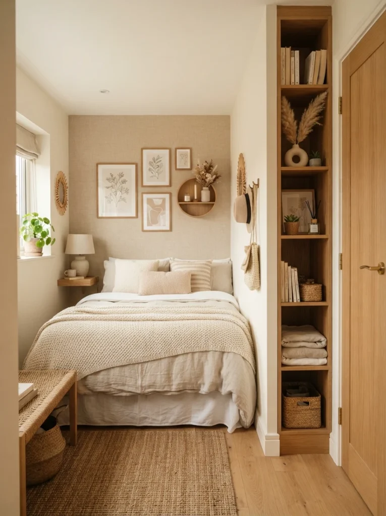 Tiny apartment bedroom with tall narrow storage beside closet, warm oak shelving, cozy neutral decor, realistic compact proportions, ultra realistic Pinterest bedroom photography