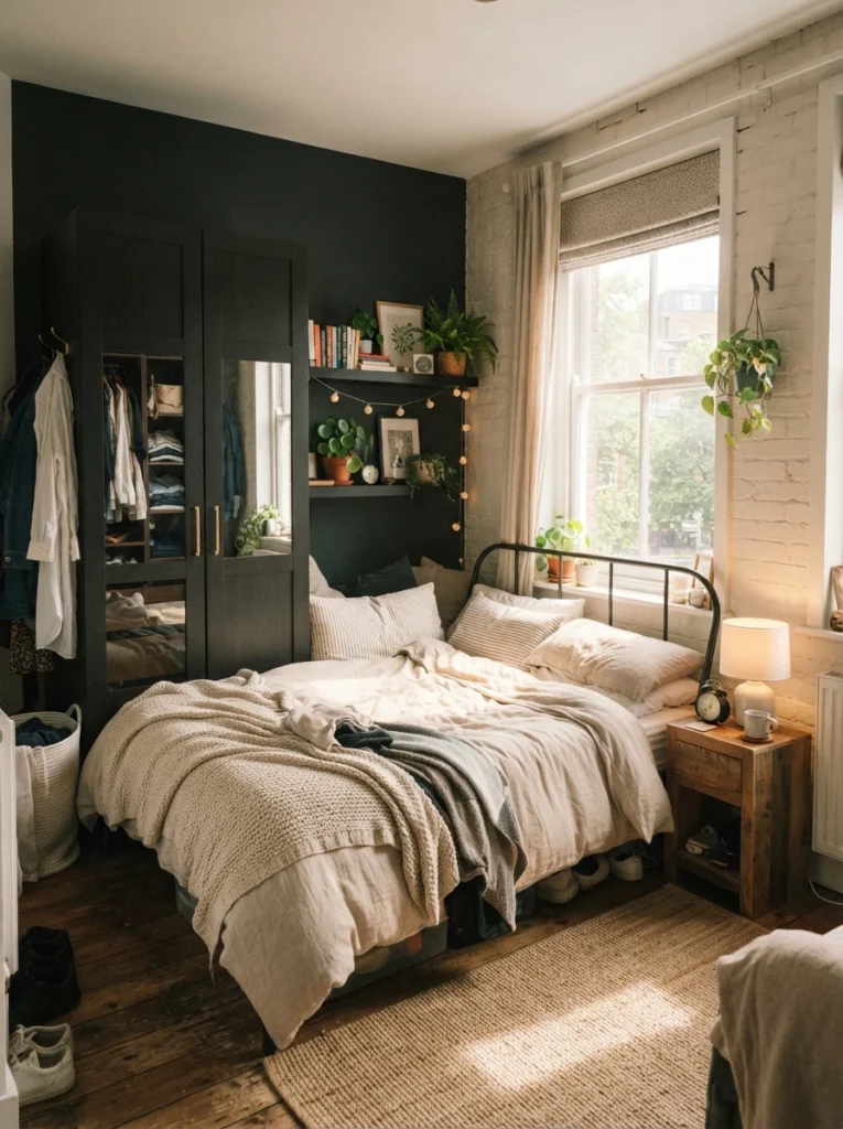 Tiny apartment bedroom with wardrobe positioned along darker wall, warm sunlight flowing across bed area, realistic compact apartment layout, cozy airy atmosphere