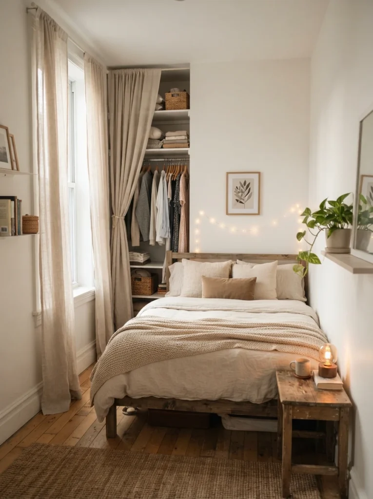 Tiny apartment bedroom with linen curtains hiding open clothing storage, warm layered bedding, soft daylight shadows, realistic renter-friendly layout, calming uncluttered atmosphere, ultra realistic Pinterest interior photography