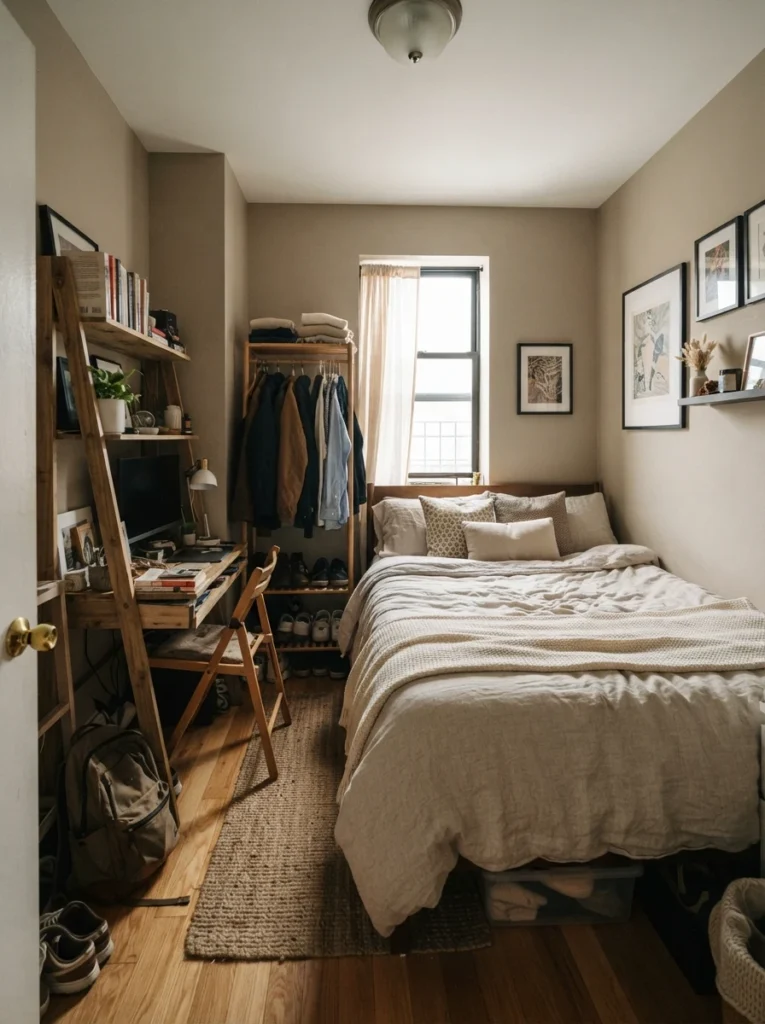 Tiny bedroom with awkward wall-hugging furniture layout, visually cramped atmosphere, realistic apartment proportions, warm neutral decor, ultra realistic Pinterest bedroom photography