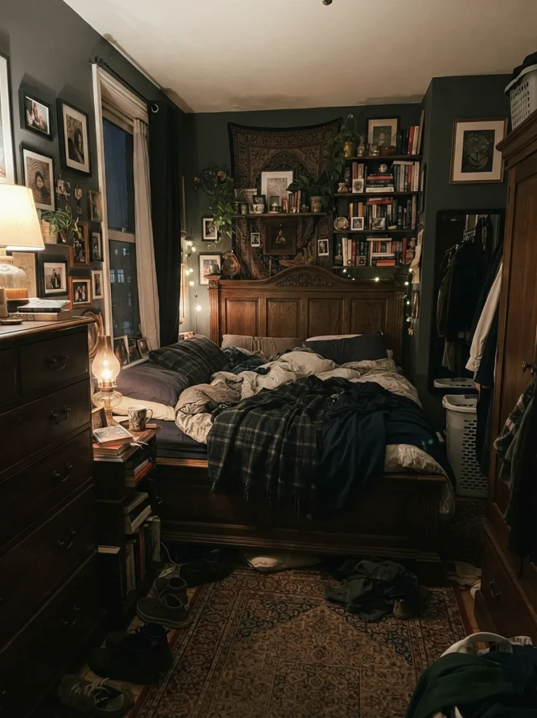 Tiny bedroom with overly dark heavy furniture making room feel cramped, warm dim lighting, realistic apartment proportions, visually dense atmosphere, Pinterest-style ultra realistic photography