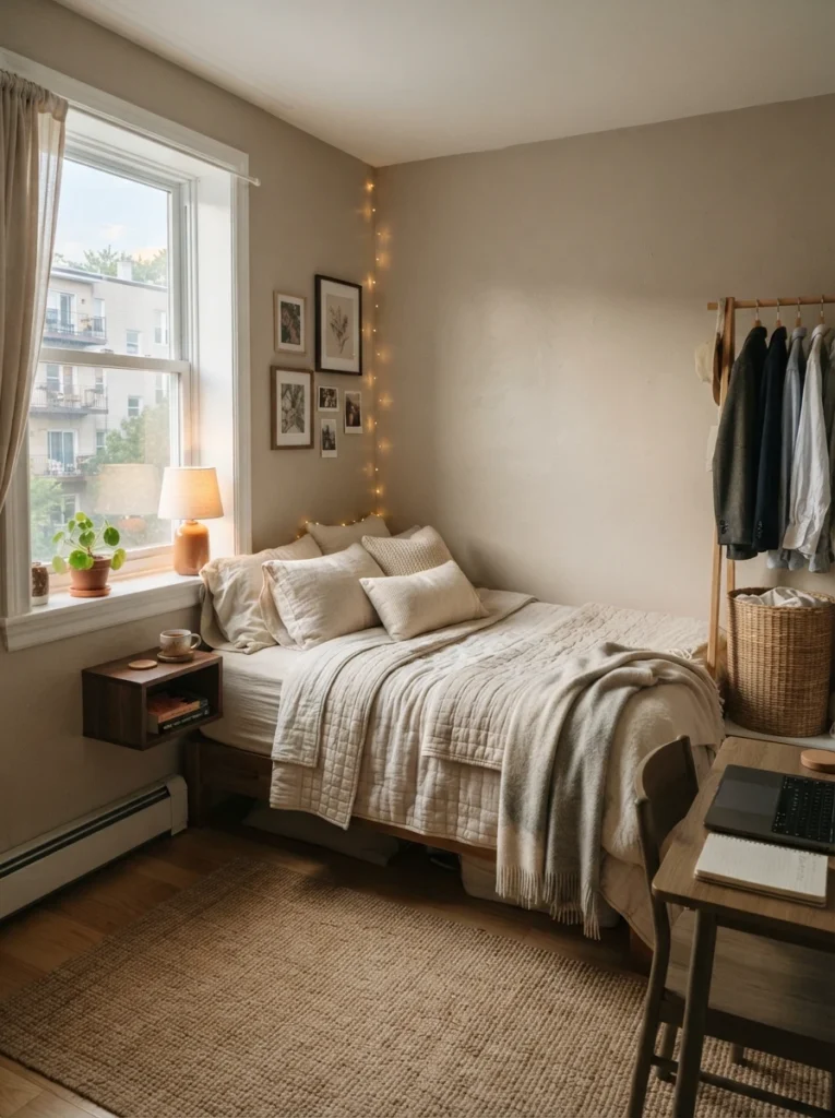 Ultra realistic tiny bedroom with cozy corner bed layout, layered cream bedding, soft morning light, compact apartment proportions, practical renter-friendly furniture arrangement, warm calming atmosphere, Pinterest bedroom photography