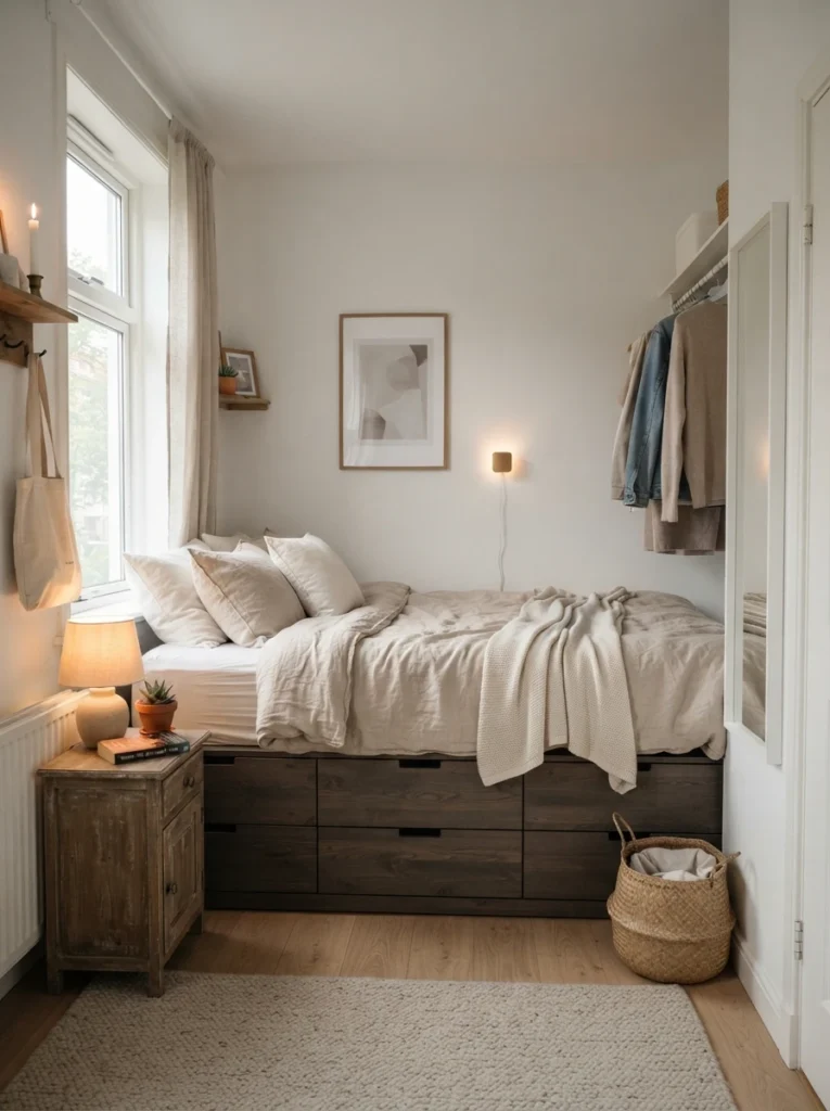 Ultra realistic tiny bedroom with minimalist storage bed and warm linen bedding, soft neutral decor, cozy apartment atmosphere, realistic compact layout, Pinterest-style interior photography
