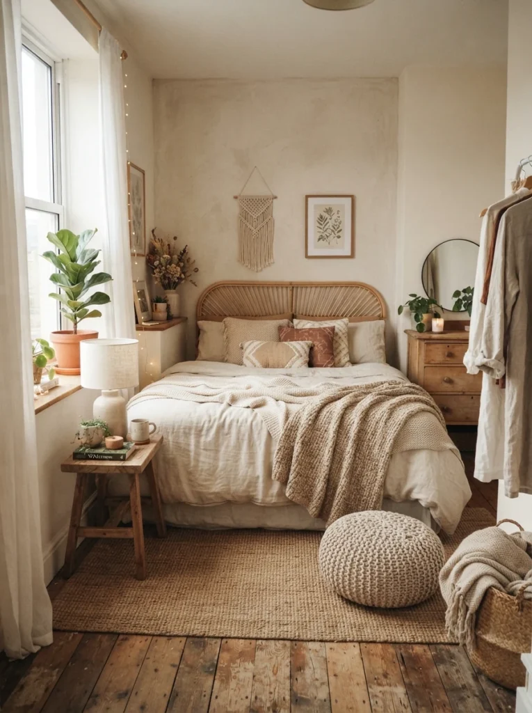 Tiny aesthetic bedroom with warm neutral color palette and layered natural textures, cozy realistic apartment atmosphere, soft daylight, Pinterest-worthy interior photography