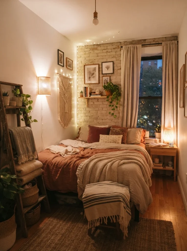 Tiny bedroom with warm layered ambient lighting, cozy evening atmosphere, soft shadows, realistic apartment layout, aesthetically calming Pinterest-style photography