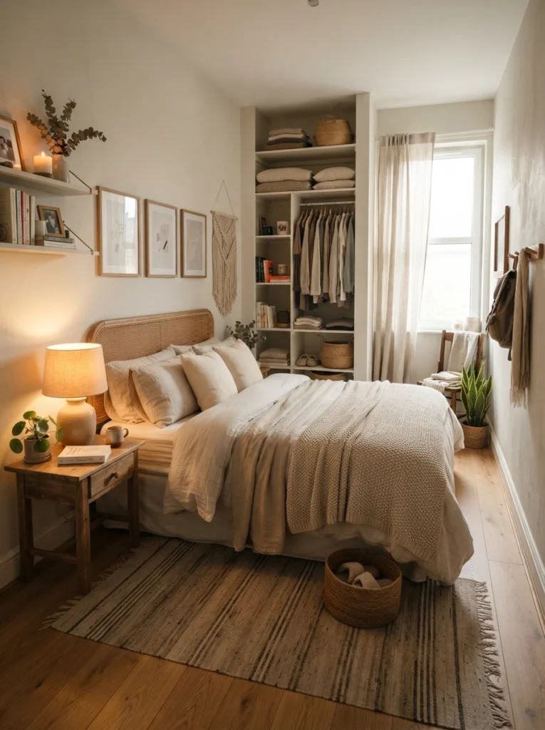 Ultra realistic tiny bedroom designed around real-life comfort and aesthetic calm, warm layered lighting, cozy neutral decor, practical organization details, Pinterest-worthy interior photography