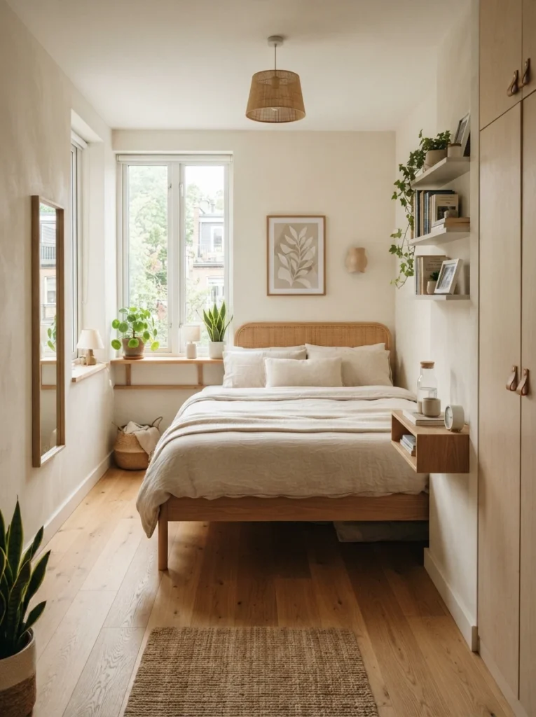 Tiny bedroom with slim-profile furniture and clear walking flow, warm neutral textures, realistic apartment atmosphere, Pinterest-style photography