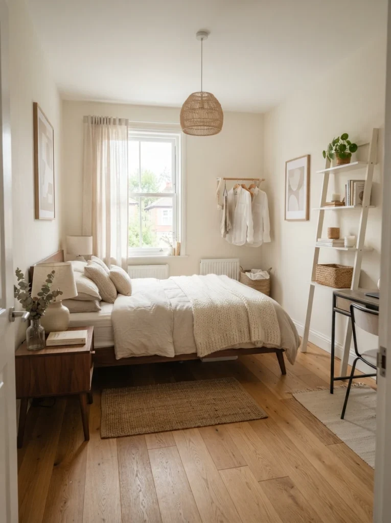Tiny bedroom with open-base furniture and visible flooring, warm neutral textures, airy cozy atmosphere, realistic apartment layout