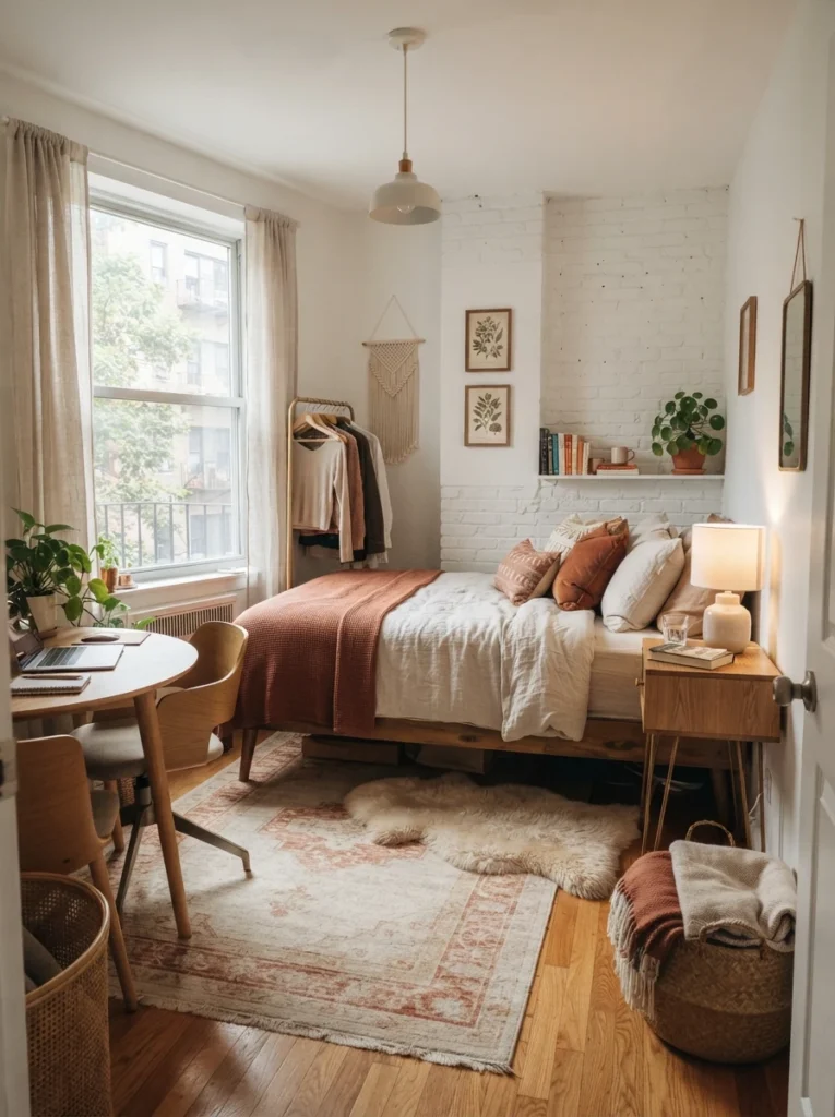 Tiny bedroom with slim-legged furniture and airy layout, warm layered textures, realistic compact apartment atmosphere, ultra realistic Pinterest photography