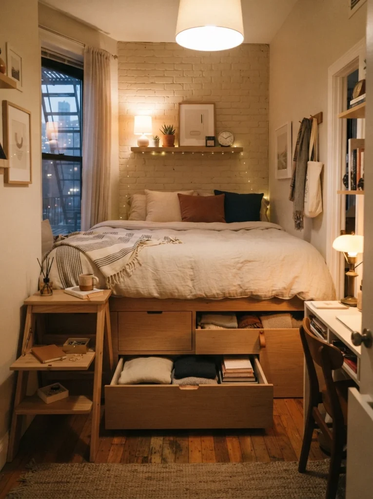 Cozy tiny bedroom with hidden-compartment furniture and calm uncluttered styling, warm layered lighting, realistic apartment atmosphere