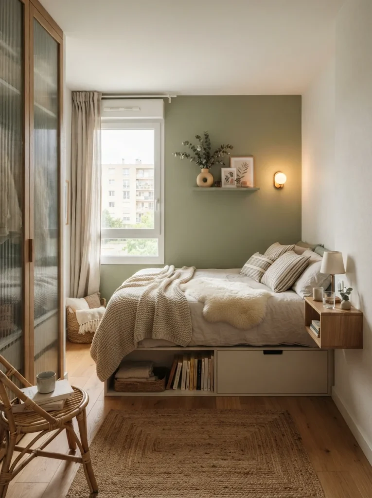 Tiny bedroom with hidden storage solutions and visually calm organization, warm layered decor, cozy apartment atmosphere, Pinterest-worthy ultra realistic photography
