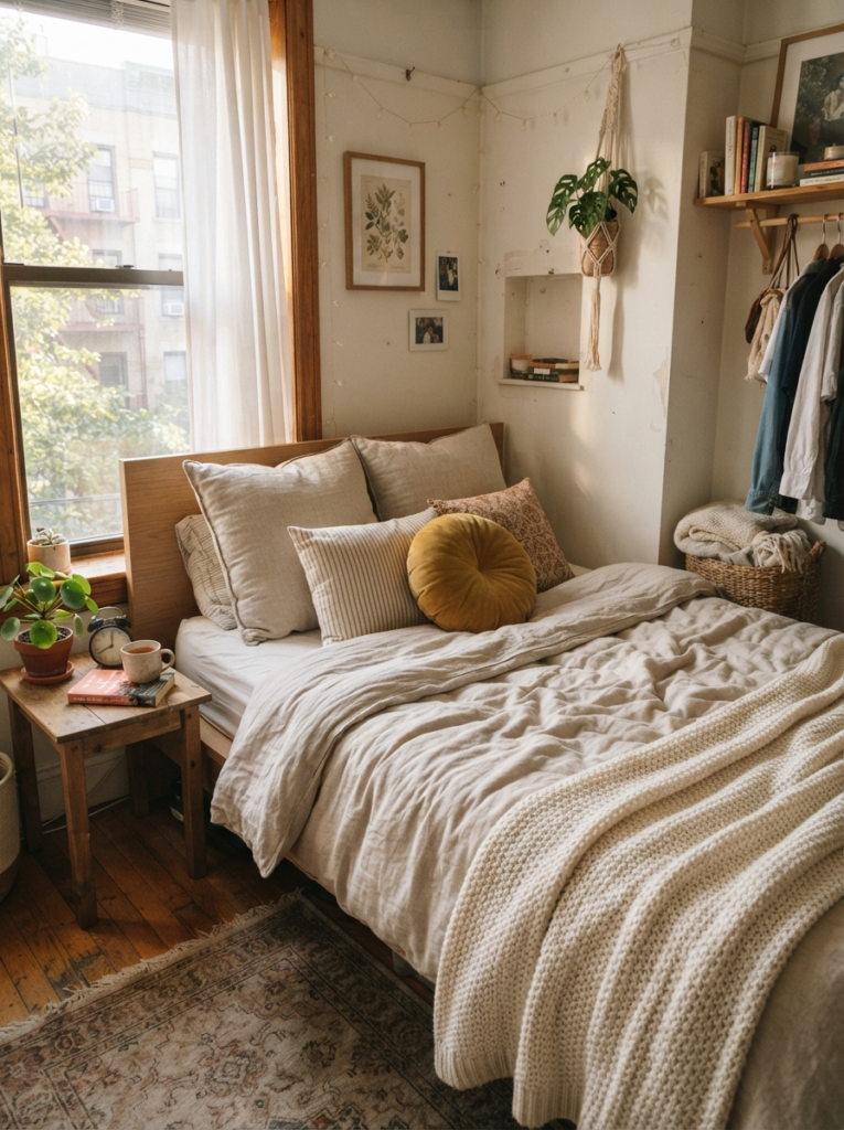 Cozy tiny bedroom with layered linen bedding and oversized pillows, warm morning light, realistic apartment atmosphere, Pinterest-style ultra realistic photography