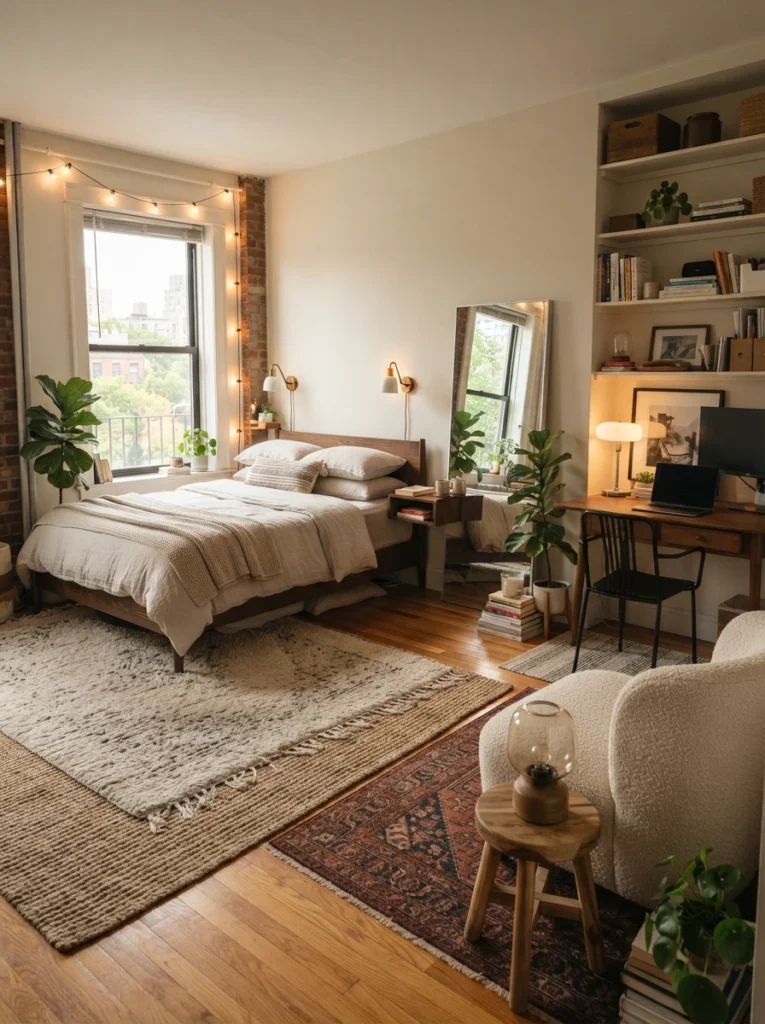 Small awkward apartment bedroom with dresser placed near entry area, cozy bed zone with soft lighting, warm oak furniture, realistic narrow layout, calm organized atmosphere, ultra realistic Pinterest interior photography