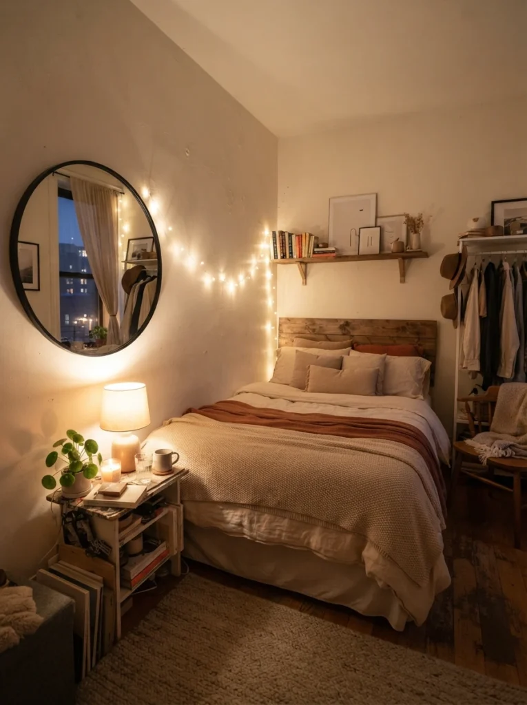 Tiny bedroom with mirror reflecting warm ambient lighting, cozy neutral decor, realistic compact apartment atmosphere, layered soft shadows, Pinterest-worthy ultra realistic photography