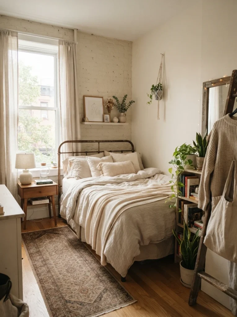 Tiny cozy bedroom with soft natural light flowing freely through room, warm neutral bedding, airy realistic apartment atmosphere, Pinterest-style ultra realistic photography