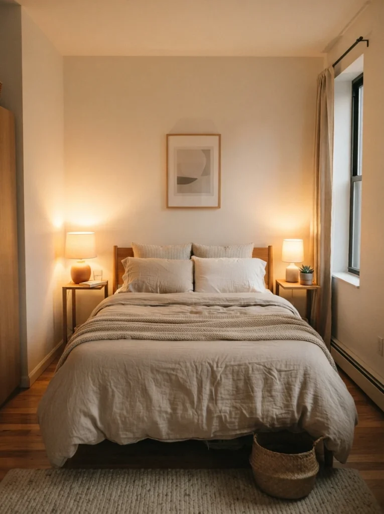 Tiny cozy bedroom with slim minimalist nightstands, warm bedside lighting, soft neutral bedding, realistic apartment proportions, calming uncluttered atmosphere, ultra realistic Pinterest home photography