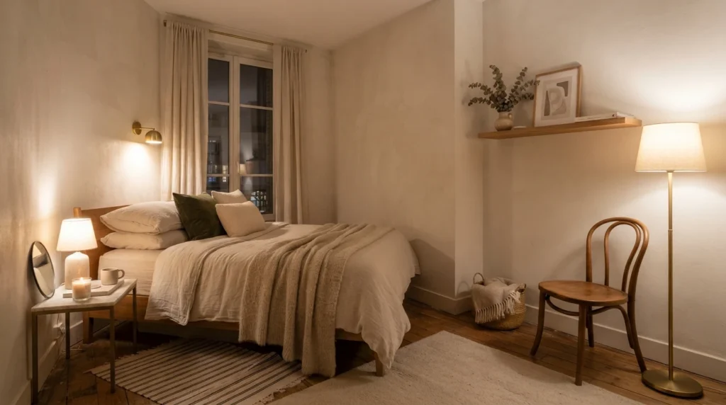 Elegant tiny bedroom with one open uncluttered corner, warm neutral textures, cozy layered lighting, realistic apartment atmosphere, ultra realistic Pinterest photography