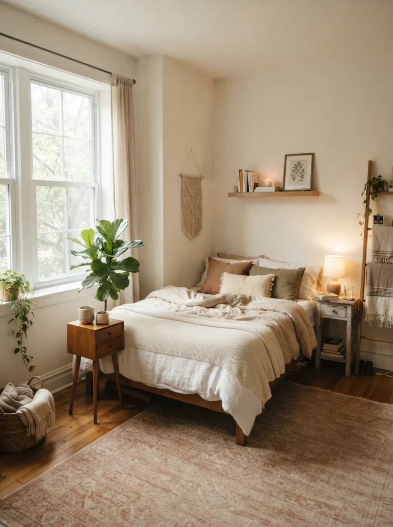 Realistic tiny bedroom with intentionally open corner space, warm layered textures, soft natural light, cozy apartment atmosphere, calming uncluttered layout, Pinterest-style ultra realistic photography