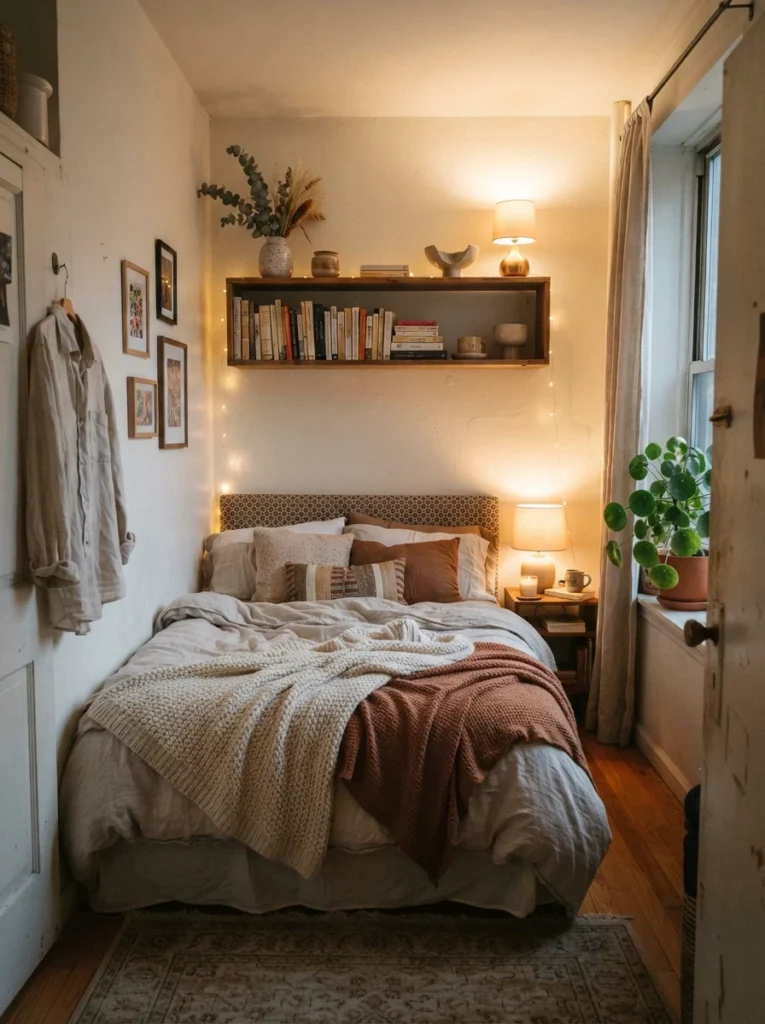 Cozy tiny bedroom with one softly styled open shelf, books and ceramic decor, warm layered lighting, realistic apartment proportions, Pinterest-style ultra realistic photography
