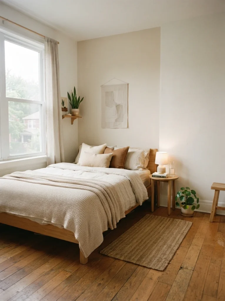 Cozy tiny bedroom with intentional open corner space, warm neutral textures, soft natural daylight, realistic apartment atmosphere, calming minimal styling