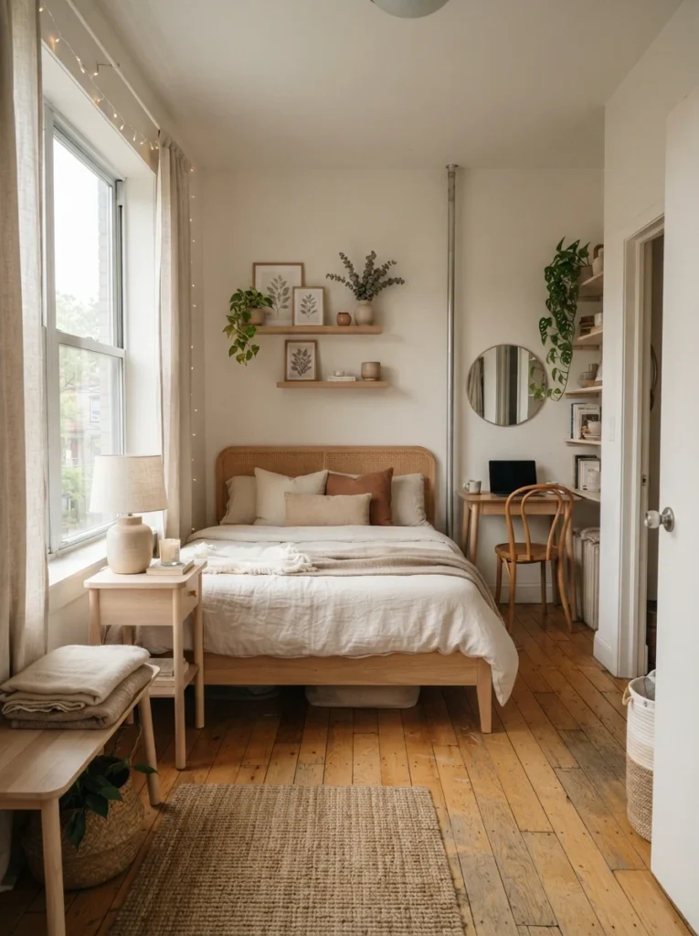 Tiny bedroom with slim light furniture and visible flooring, warm neutral textures, cozy airy atmosphere, realistic apartment layout, Pinterest-style ultra realistic photography