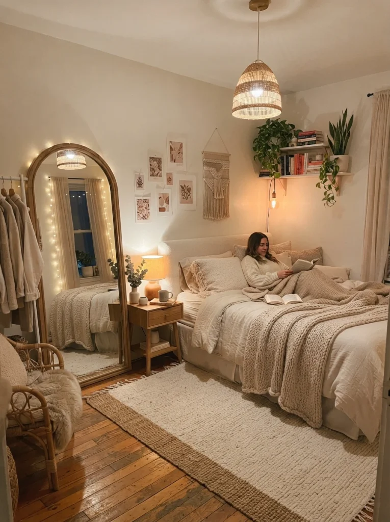 Tiny aesthetic bedroom with oversized statement mirror and soft neutral decor, warm layered lighting, realistic apartment proportions, Pinterest-style cozy atmosphere