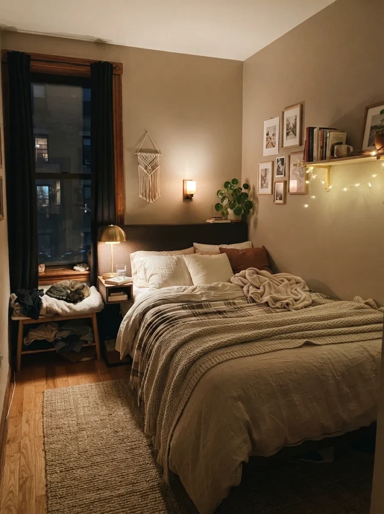 Cozy tiny bedroom with warm layered lighting and soft shadows, warm neutral bedding, realistic nighttime apartment atmosphere, ultra realistic Pinterest bedroom photography