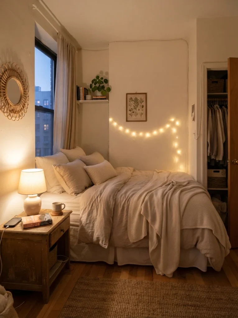 Tiny clean bedroom with warm ambient lighting and soft evening shadows, cozy neutral bedding, realistic apartment atmosphere, ultra realistic Pinterest photography