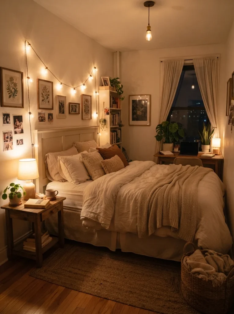 Cozy tiny bedroom illuminated by warm white bulbs, soft layered shadows, cream bedding, realistic apartment atmosphere, warm calming lighting design, ultra realistic Pinterest bedroom photography