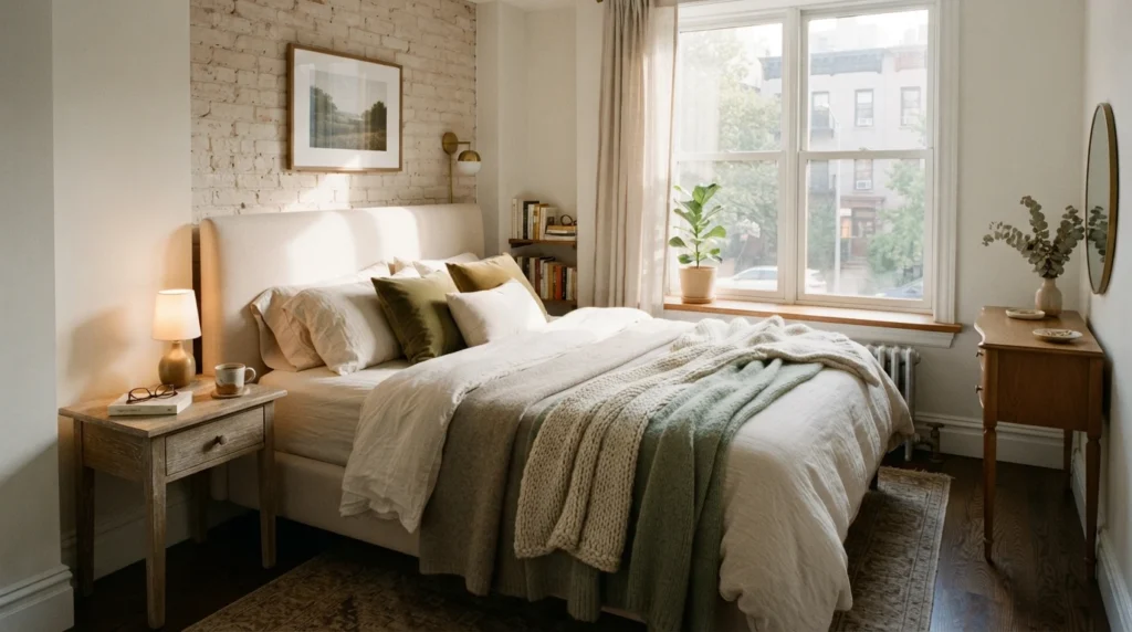 Minimal elegant small bedroom with fewer furniture pieces and balanced spacing, warm neutral textures, realistic apartment proportions, calming luxurious atmosphere