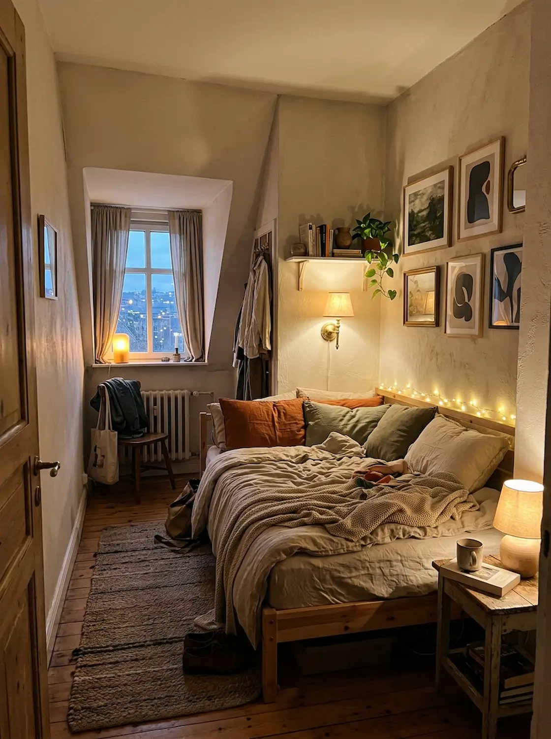 Ultra realistic awkward-shaped small bedroom with bed placed along longest wall, warm layered lighting, realistic apartment atmosphere, Pinterest-style interior photography